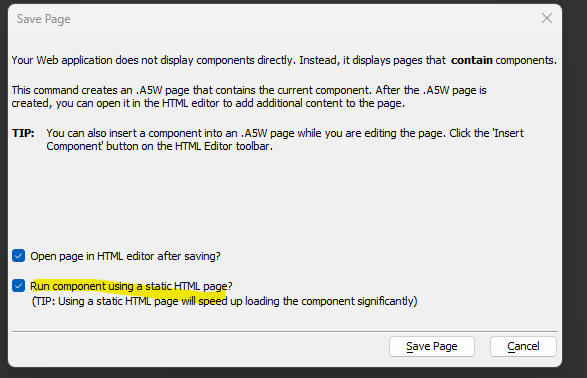 The Save Page dialog with the Run component using a static HTML
page option selected.